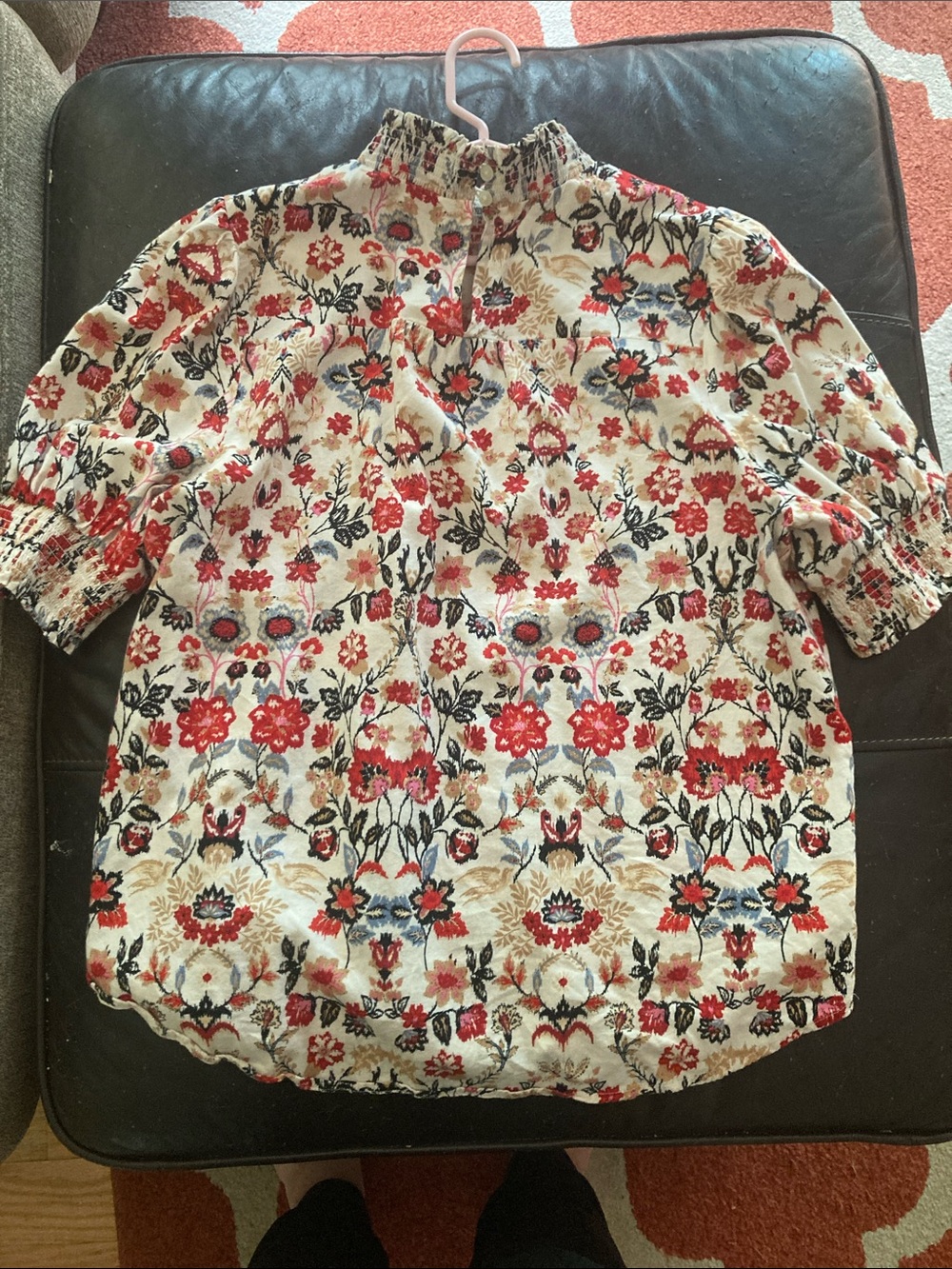 LOFT Floral Smocked Neck Short Sleeve Blouse in Cream and Red - Picture 3 of 3